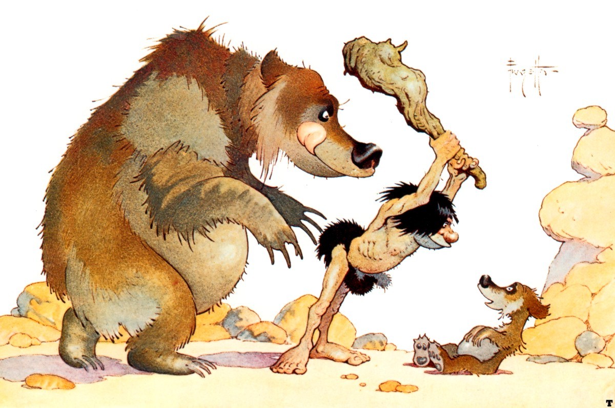 Frank Frazetta - Bear Watching Caveman Threaten Cub