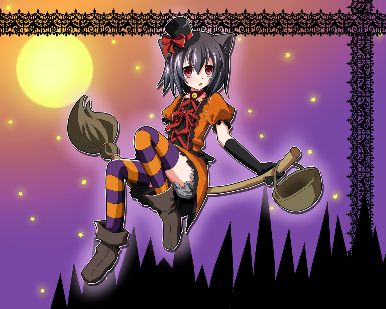 Konachan - 116957 animal ears black hair bloomers catgirl gloves halloween moon original red eyes short hair thighhighs