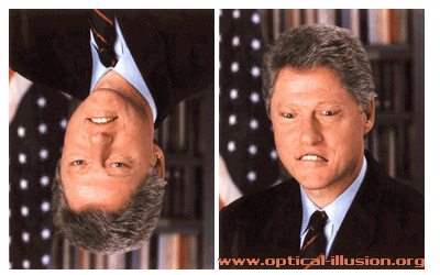 Clinton seems to be smiling on the left picture.