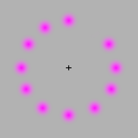 Concentrate on the plus sign at the center and don't look any where else. The pink spots will disappear.